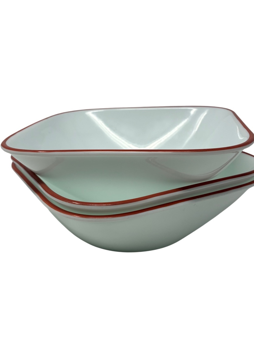 3 Corelle Corning Happy Days/Splendor  6 1/2" Square Soup Cereal Bowls Red Rim